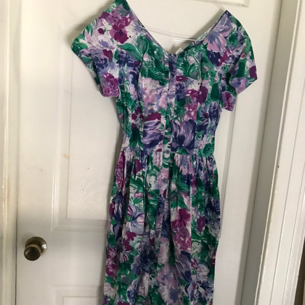 Floral Green & Purple Print Button Up Cotton Dress Size M